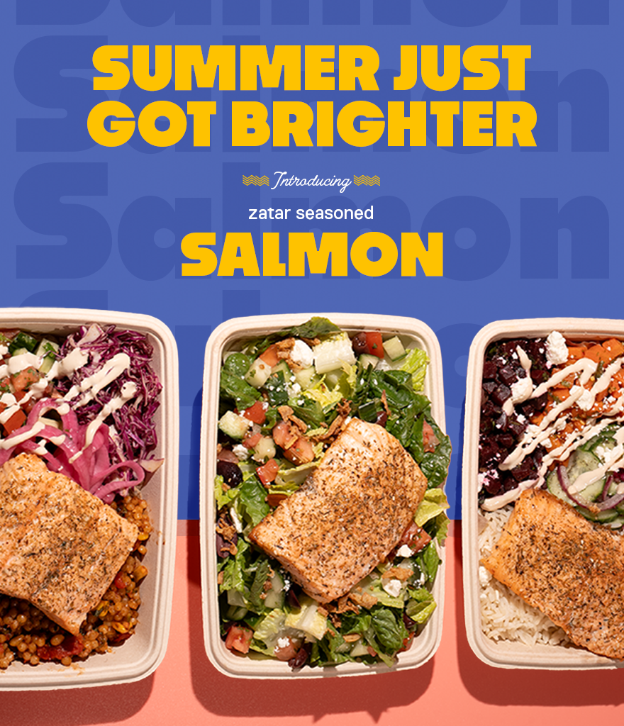 Vertical marketing banner with bold yellow text on a blue background reading 'Summer Just Got Brighter, Introducing Za'atar Seasoned Salmon.' Below are three eco-friendly takeout bowls, each topped with a za'atar-seasoned salmon fillet—one with red cabbage, pickled onions, and grains; one on a Mediterranean chopped salad with feta and tomatoes; and one over rice with beets, cucumber, and feta.